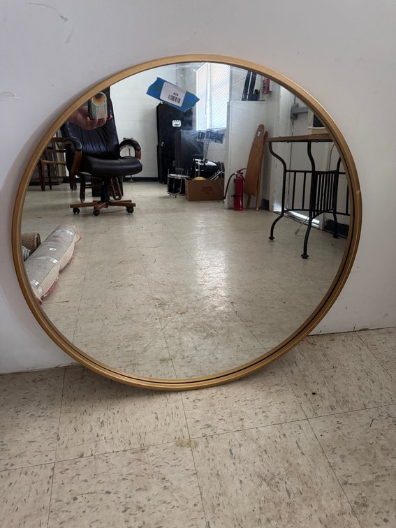 Round Gold-Tone Framed Mirror and Wood Furniture