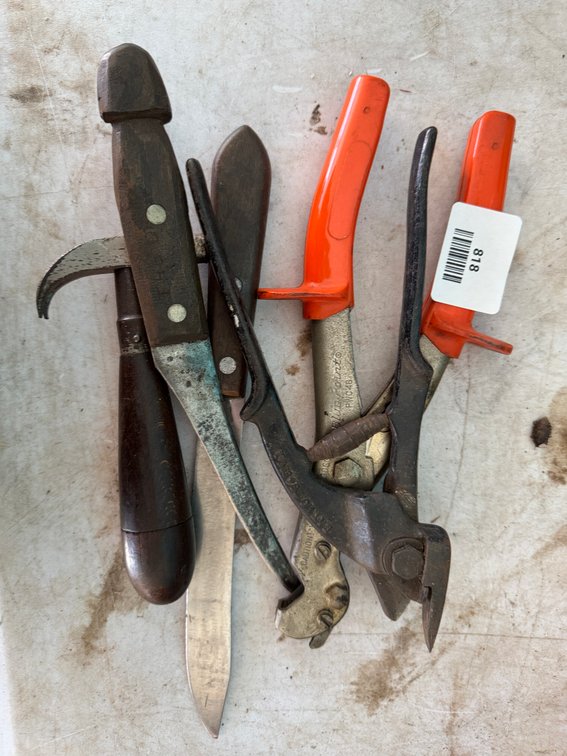 Hand Tools Including Cutters, Knives, and Small Hammer
