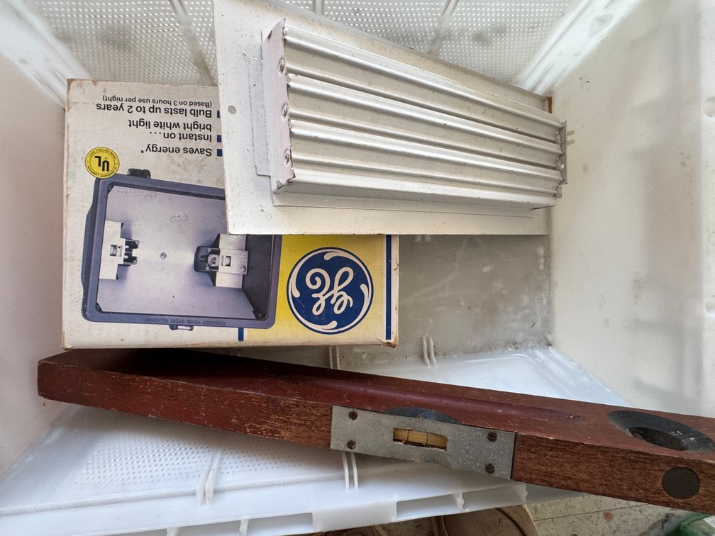 Wooden Spirit Level, Halogen Floodlight, and Vent Register