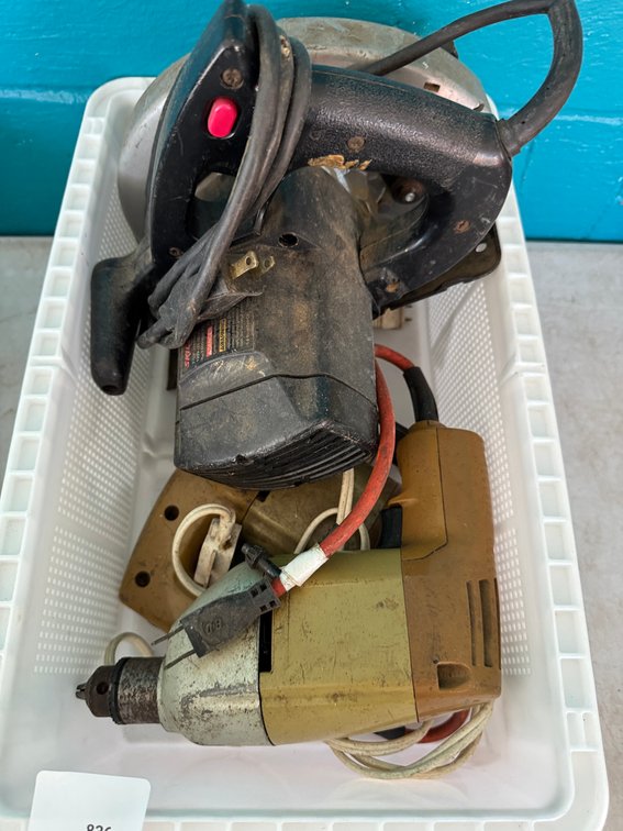 Circular Saw, Electric Drill, Jigsaw, and Plastic Basket