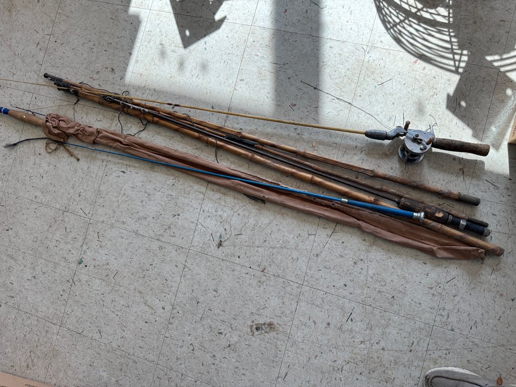 Bamboo Fishing Rods, Pflueger Baitcasting Reel, and Rod Sleeve