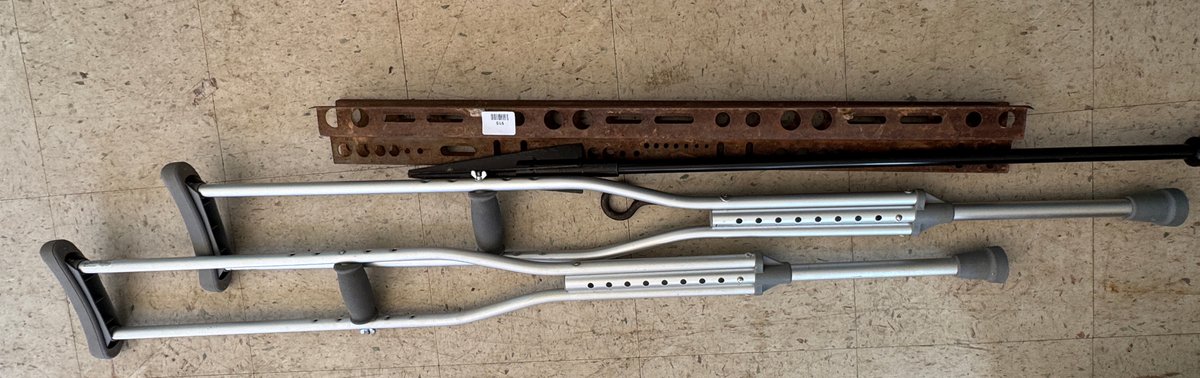 Aluminum Crutches, Slotted Angle Iron, and Metal Rod