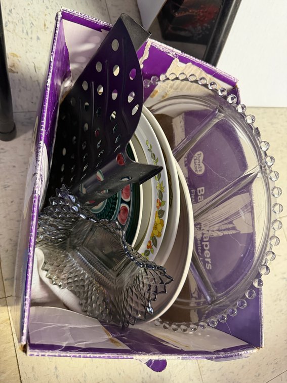 Glass Serving Dishes, Ceramic Plates, and Metal Stand