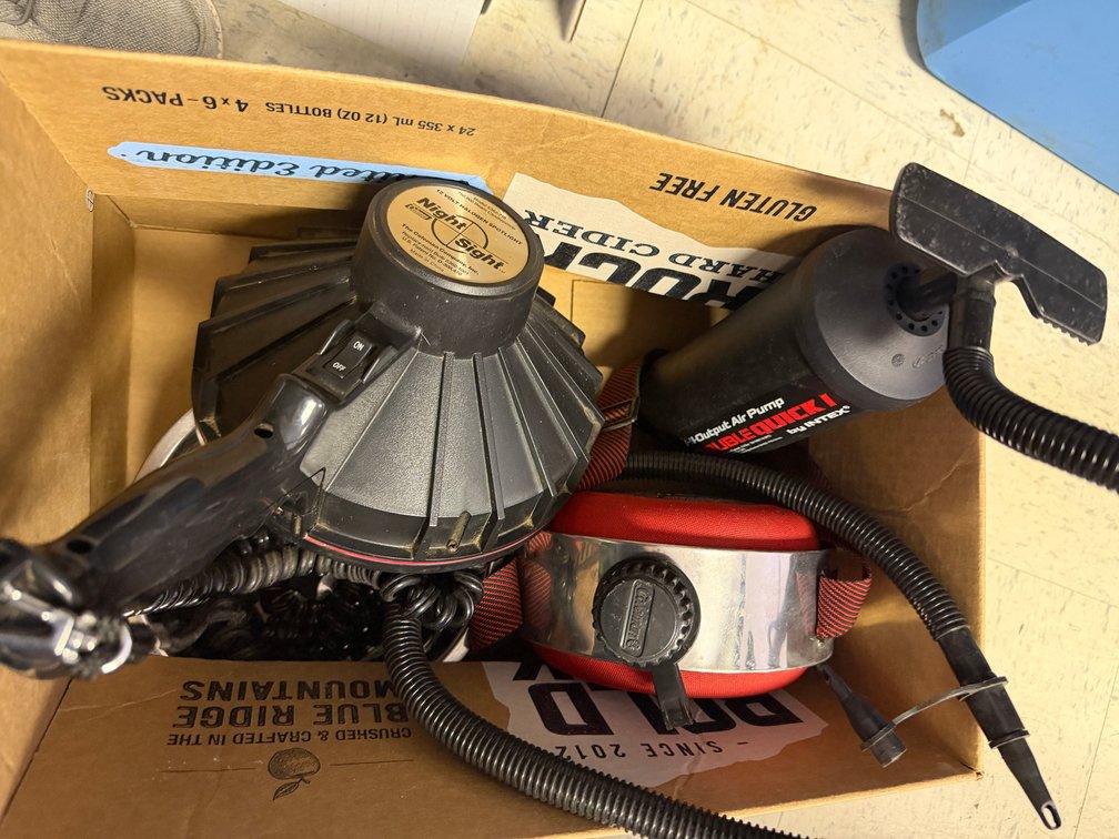 Halogen Spotlight, Hand Air Pump, and Canteen