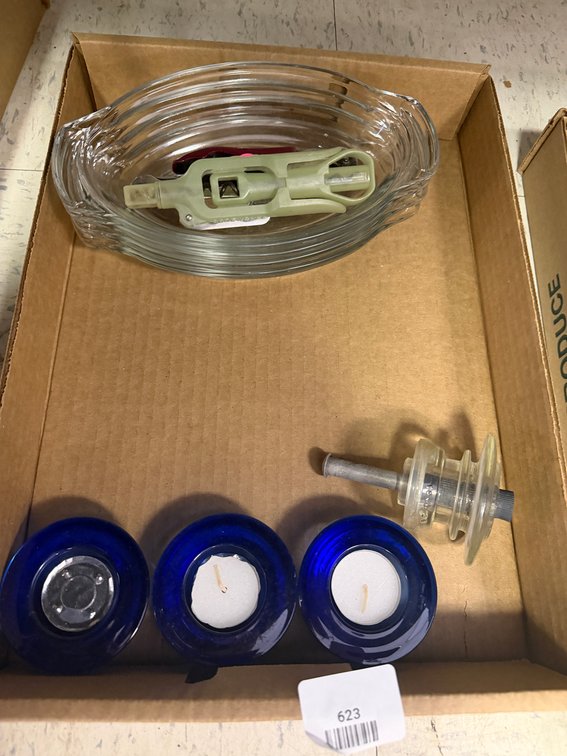 Glass Dishes, Cobalt Tealight Holders, Insulator, and Corkscrews
