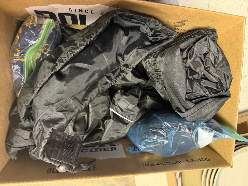 Two-Piece Rain Suit, Riding Gloves, and Outdoor Gear