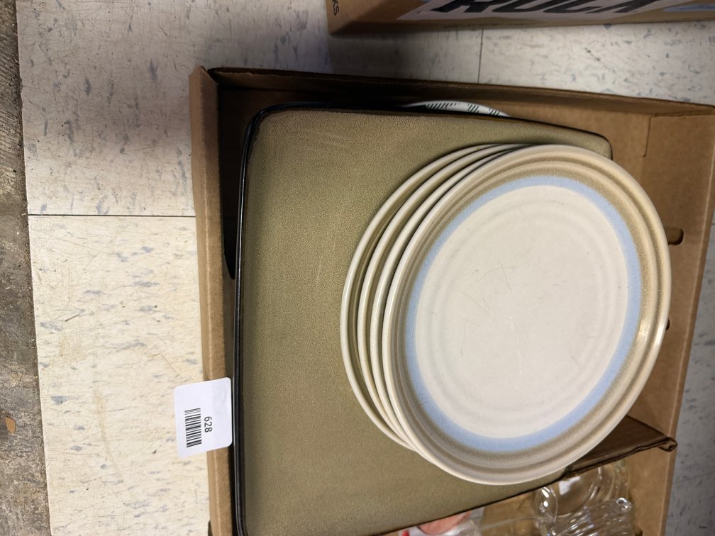 Stoneware Platter, Plates, Plaid Rim Bowl, and Glassware