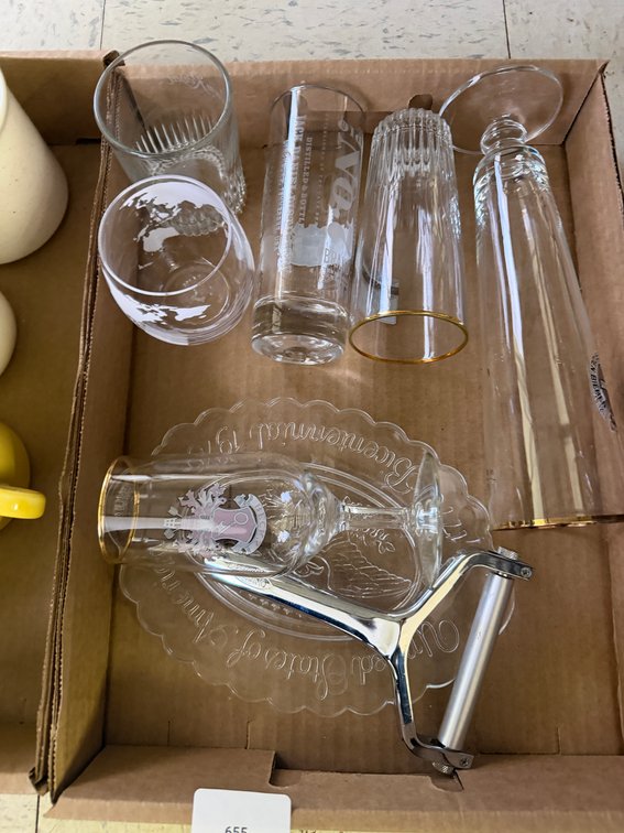Glassware, 1976 Bicentennial Plate, and Cheese Slicer