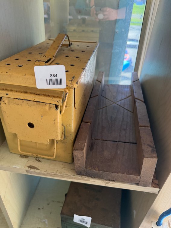 Yellow Metal Ammo Can and Wooden Miter Box