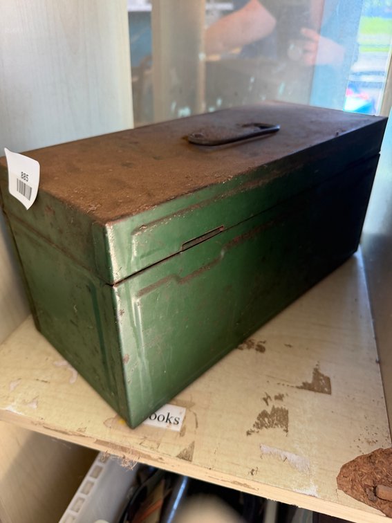 Green Metal Toolbox with Top Handle and Latches
