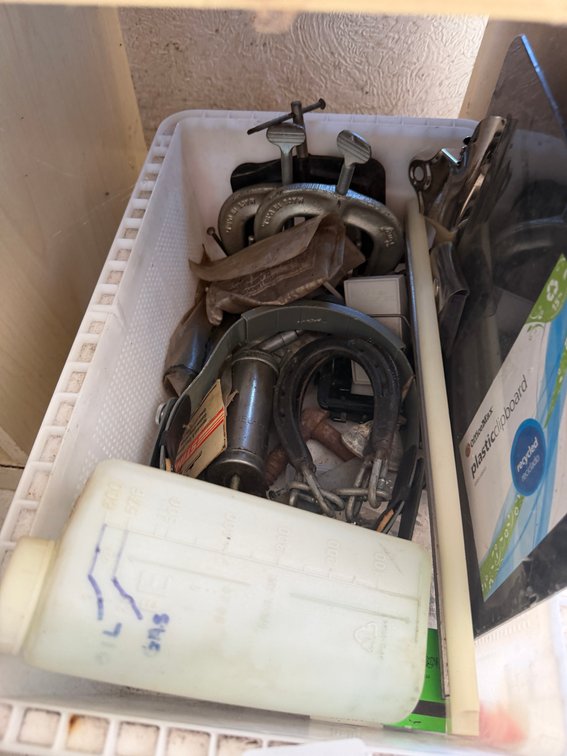 Metal C-Clamps, Push-Type Grease Gun, and Shop Supplies