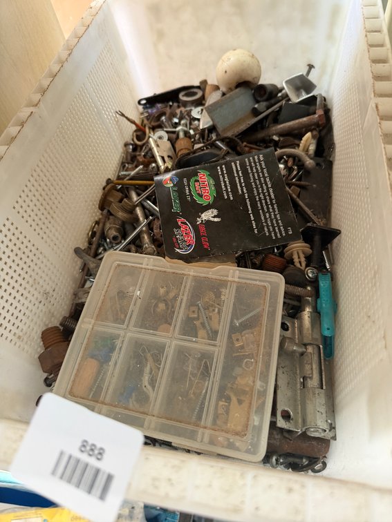 Bolts, Nuts, Screws, and Hardware in Plastic Bin