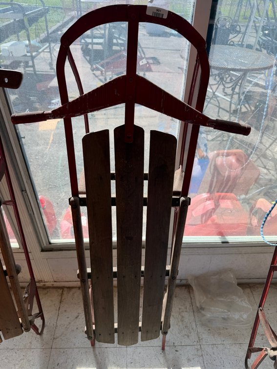 Wood Runner Sled with Red Metal Frame and Steering Bar