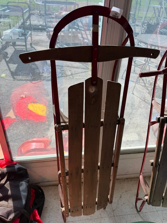 Wooden Runner Sled with Red Metal Frame