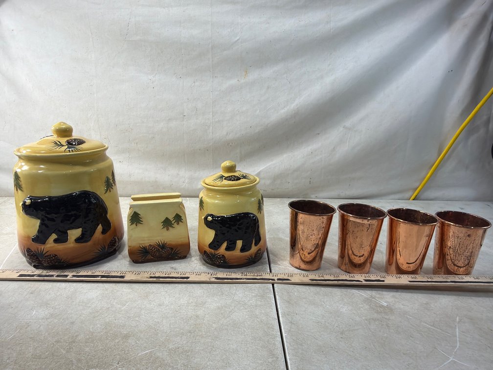 Ceramic Bear Canisters, Napkin Holder, and Copper Tumblers