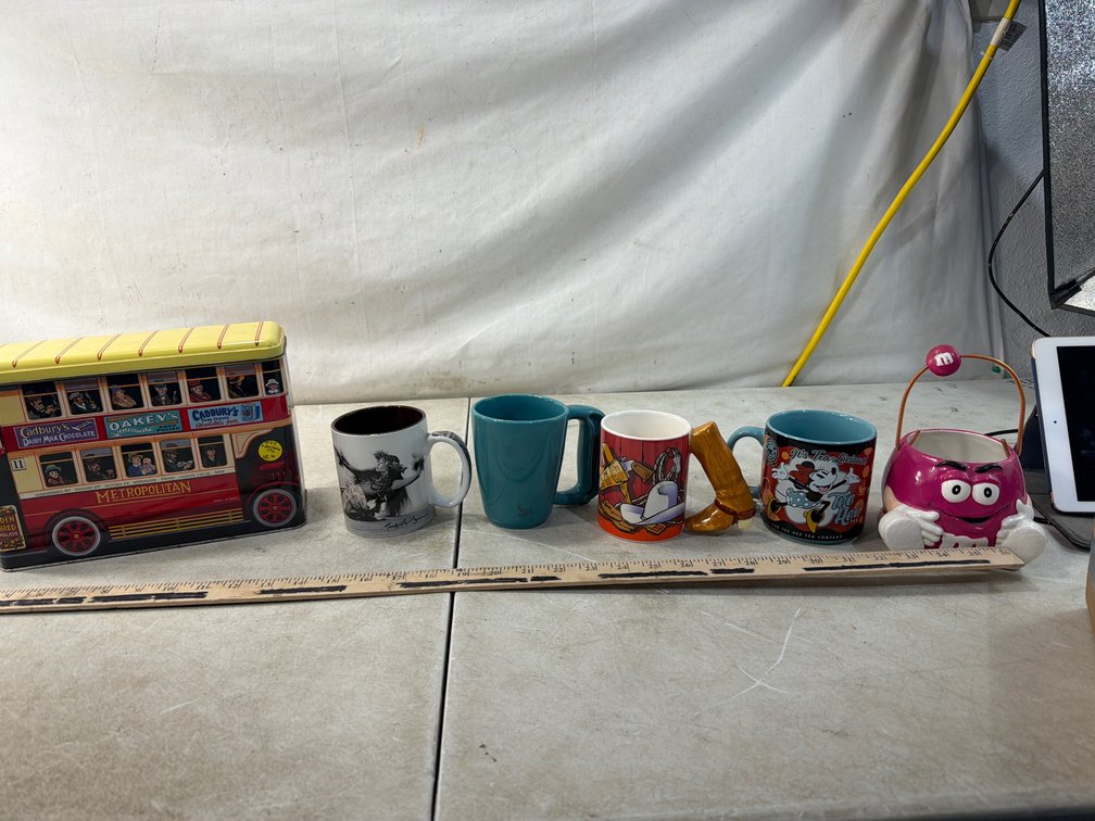 Novelty Ceramic Mugs and Double-Decker Bus Tin