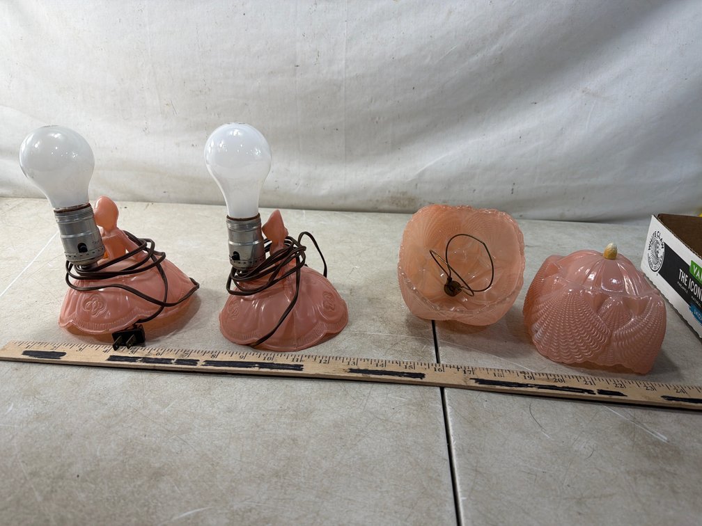Pair of Pink Glass Figural Lady Boudoir Lamps with Shades