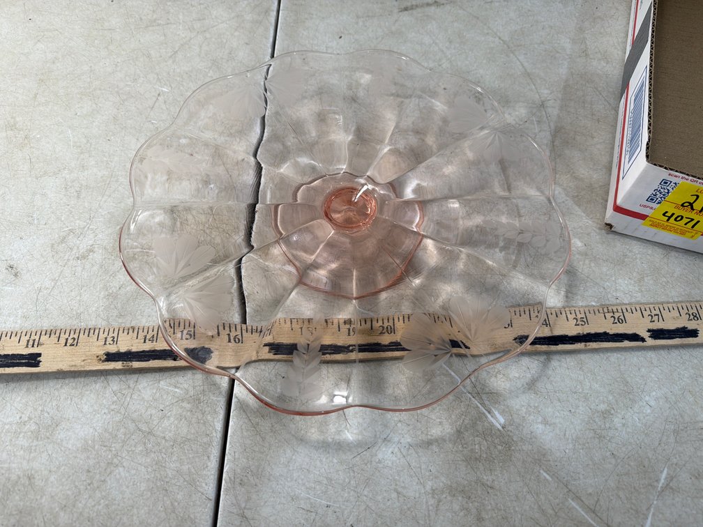 Pink Glass Footed Cake Stand with Etched Floral Design