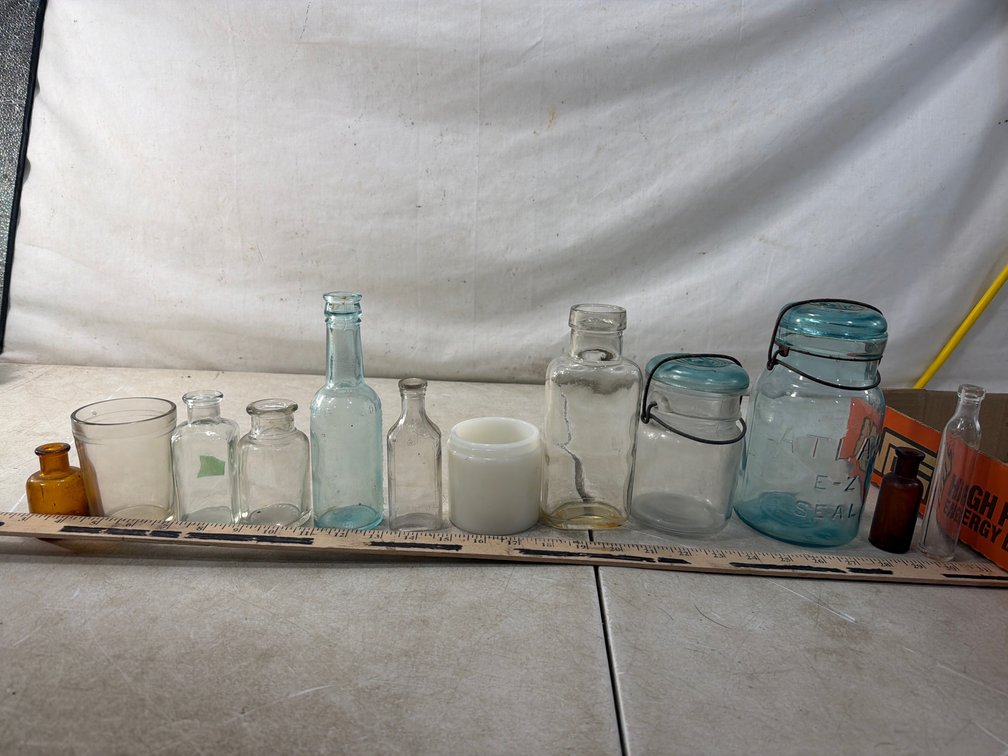 Old Glass Canning Jars, Bottles, and Milk Glass Jar