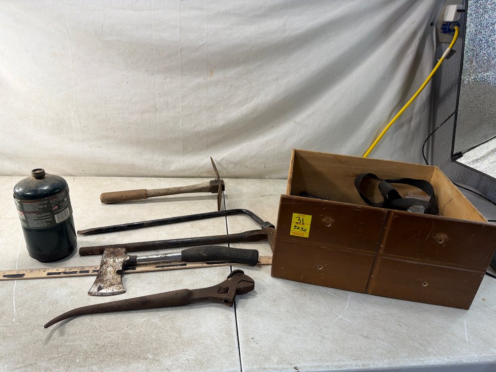 Hand Tools, Propane Cylinder, and Wooden Box