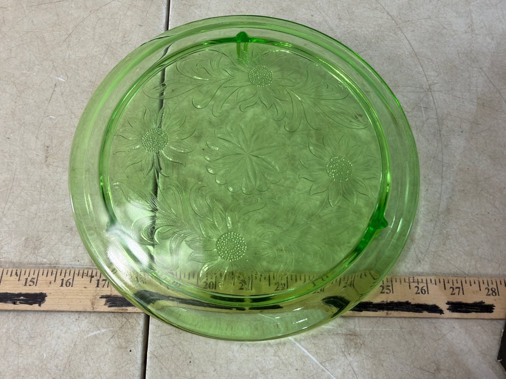 Green Pressed Glass Three-Footed Floral Platter