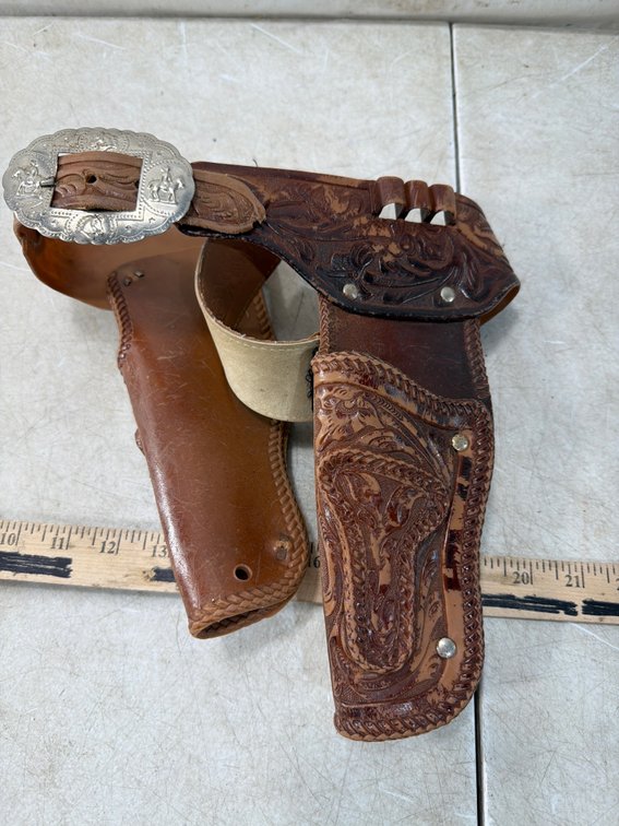 Tooled Leather Double Holster Gun Belt Rig