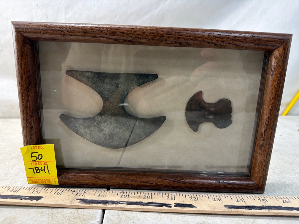 Two Metal Crescent Blades in Wooden Display Frame
