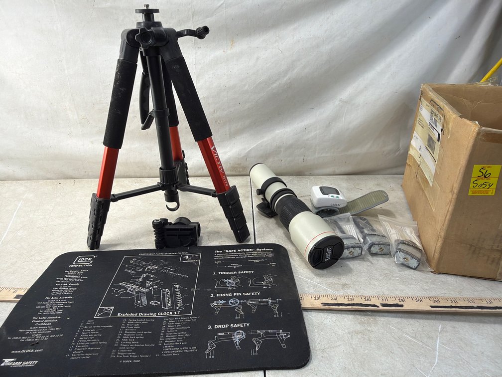 Camera Tripod, Telephoto Lens, Gun Cleaning Mat, and More