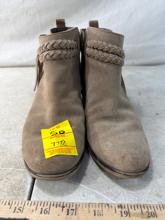Tan Suede Braided Fringe Ankle Boots, Size 6½