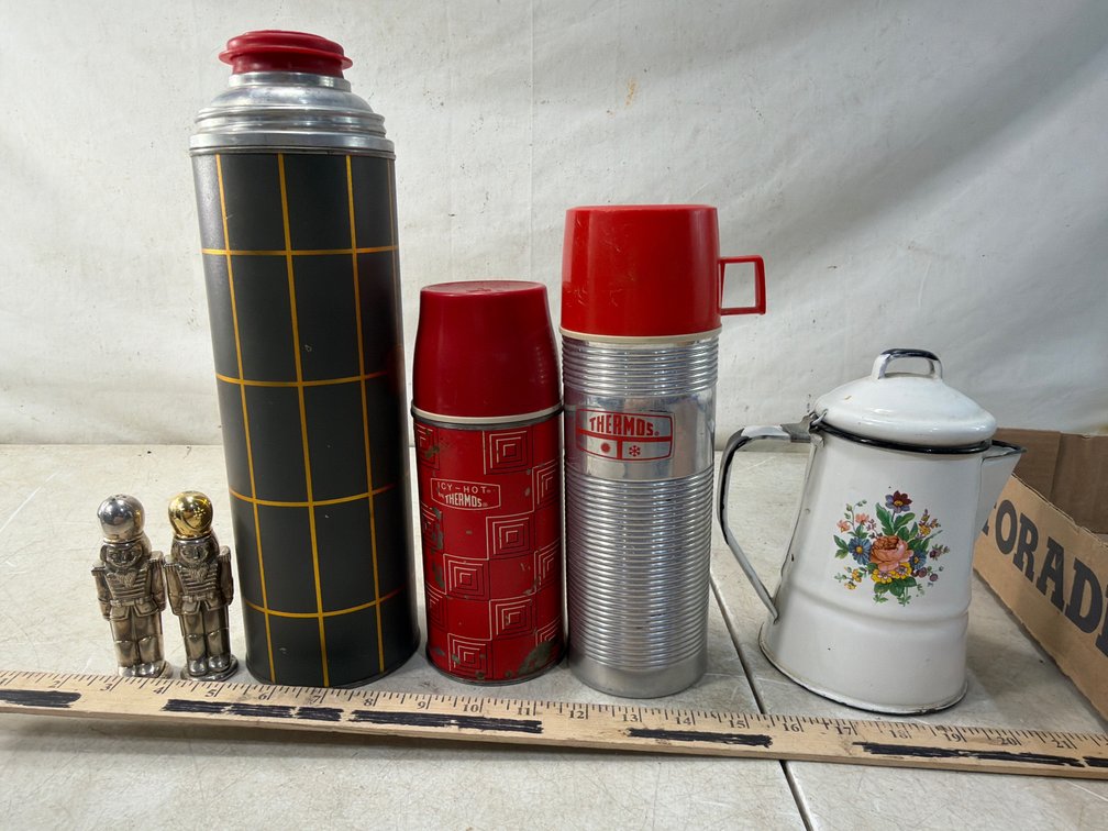 Vacuum Bottles, Enamel Pot, and Nutcracker Shakers