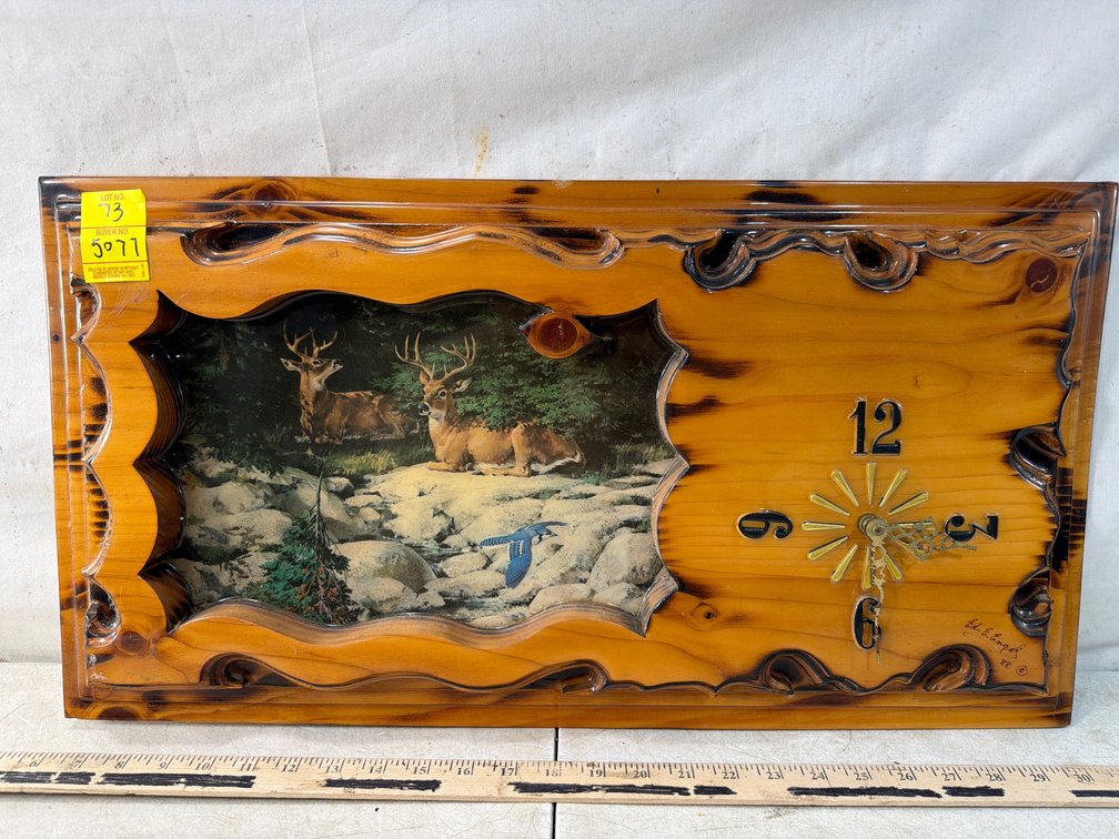 Ed. E. Engel Carved Wood Deer Scene Wall Clock