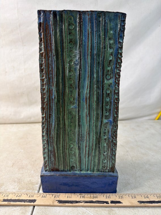 Textured Ceramic Rectangular Vase with Blue Base
