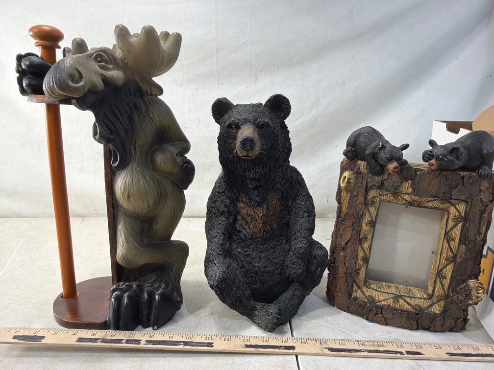 Rustic Moose Paper Towel Holder, Bear Figurine, and Frame