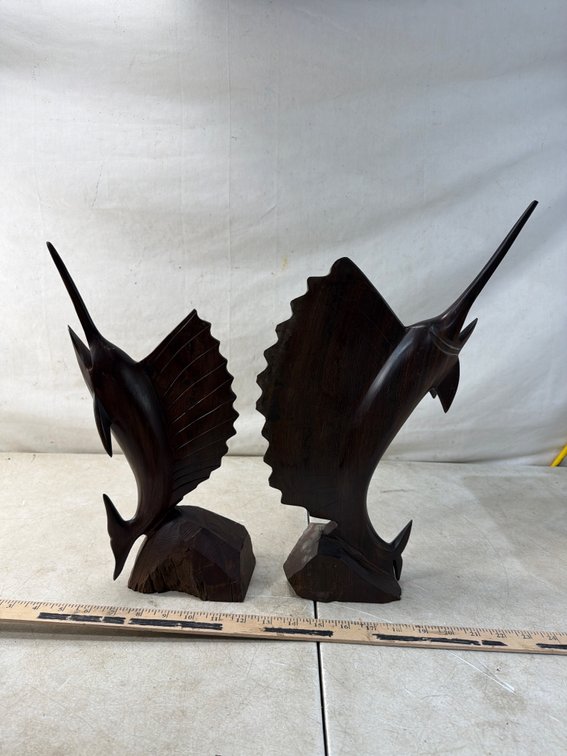 Hand-Carved Dark Hardwood Sailfish Sculptures
