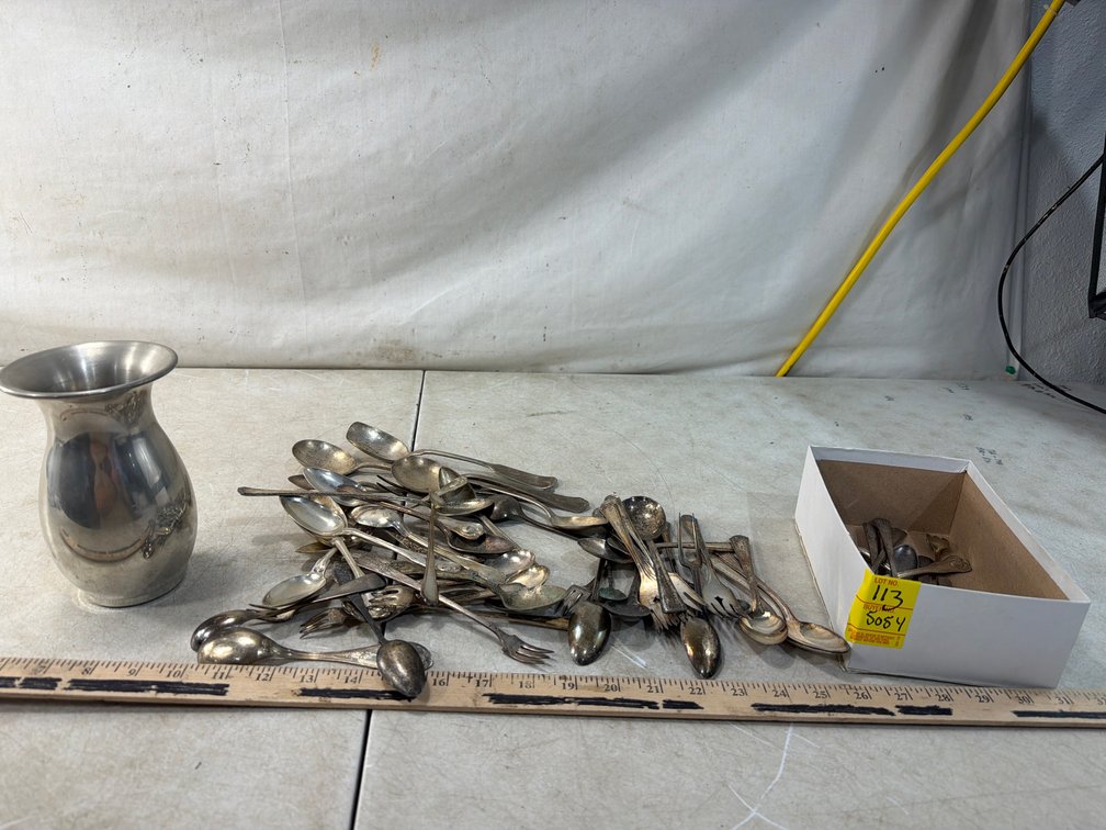 Silverplate Flatware, Small Metal Vase, and More