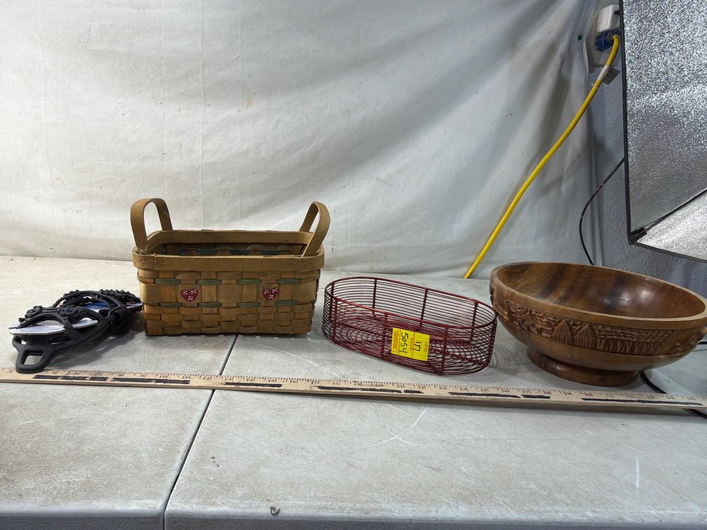 Carved Wooden Pedestal Bowl, Baskets, and Ice Cleats