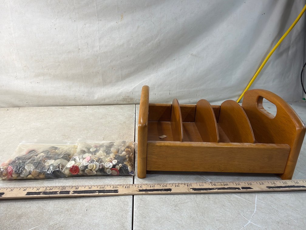 Wooden Desktop Organizer Caddy and Sewing Buttons
