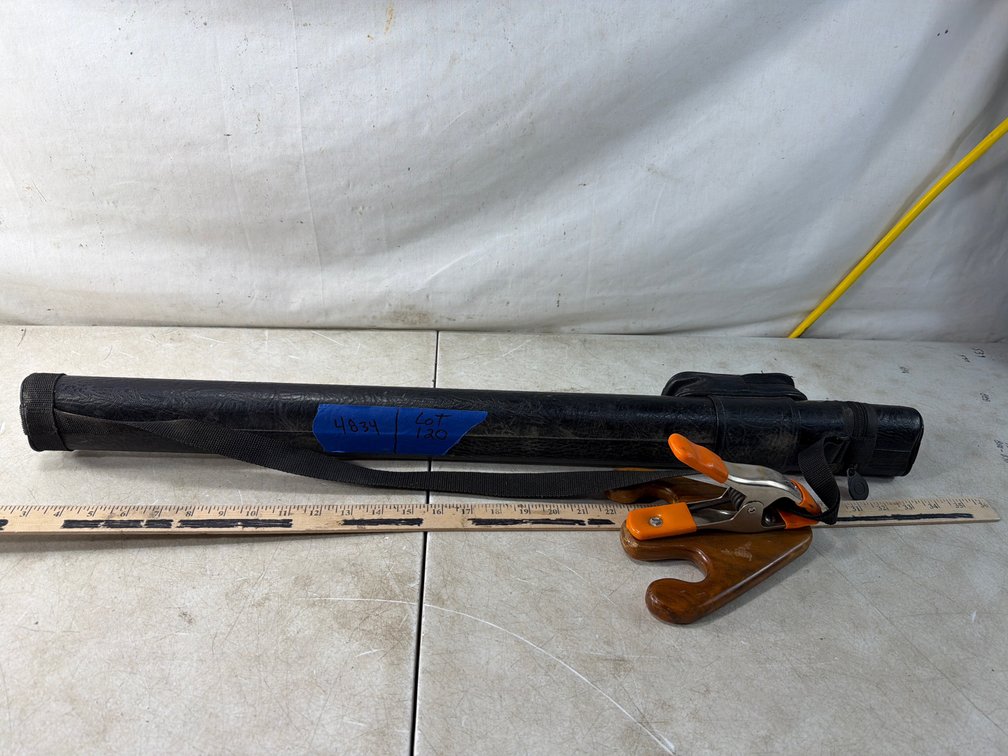 Two-Piece Wooden Pool Cue with Case and Clamp-On Bridge Head