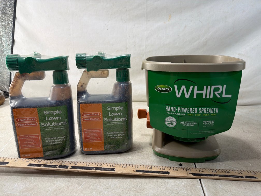 Liquid Lawn Fertilizer and Hand-Powered Spreader