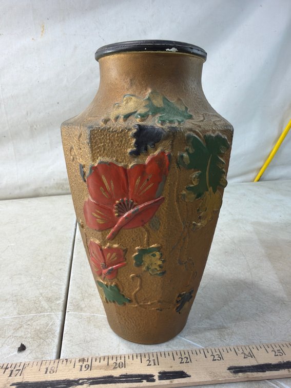 Faceted Gold-Tone Vase with Floral Relief