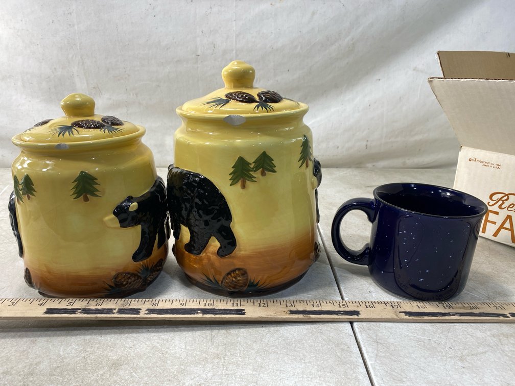 Ceramic Bear Canisters and Speckled Mug