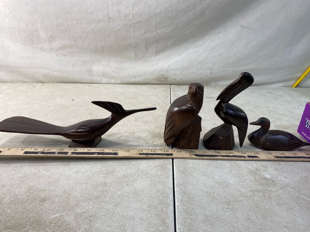 Carved Dark Polished Wood Bird Figurines