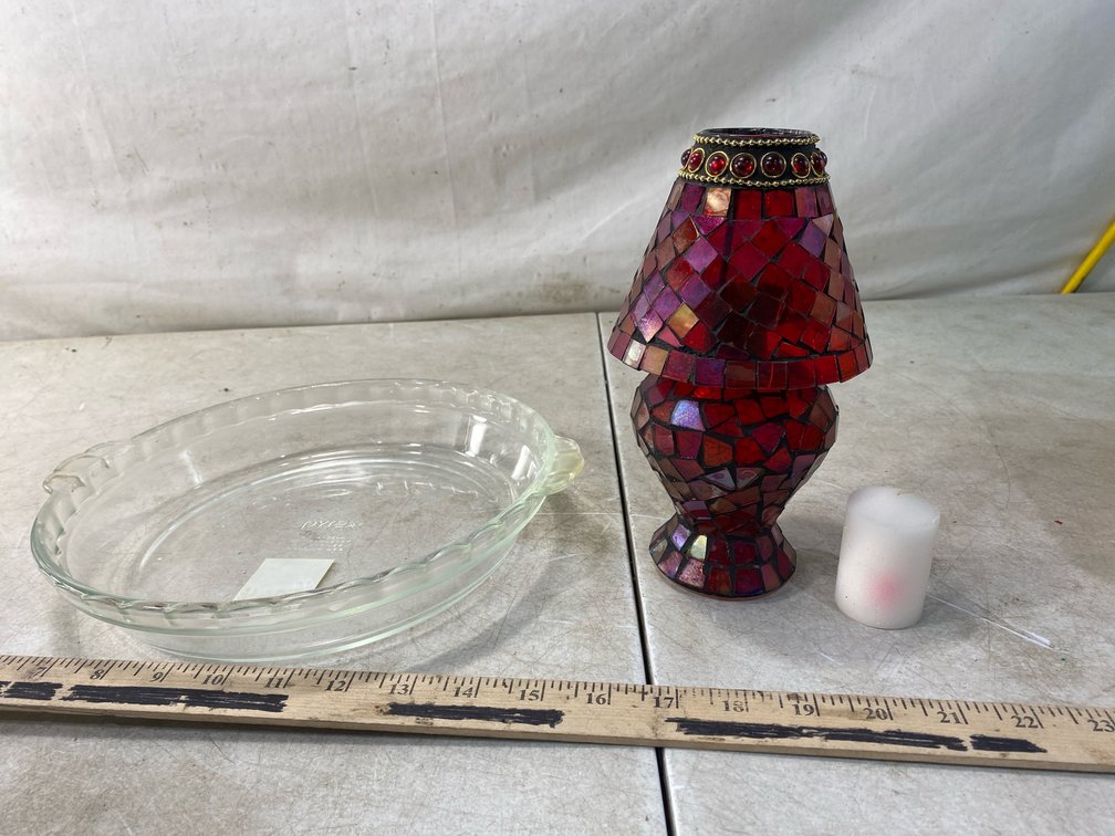 Glass Pie Plate, Mosaic Glass Candle Lamp, and Candle