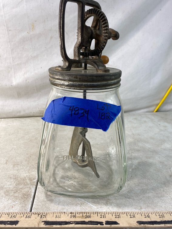 Vintage Hand-Crank Butter Churn with Clear Glass Jar