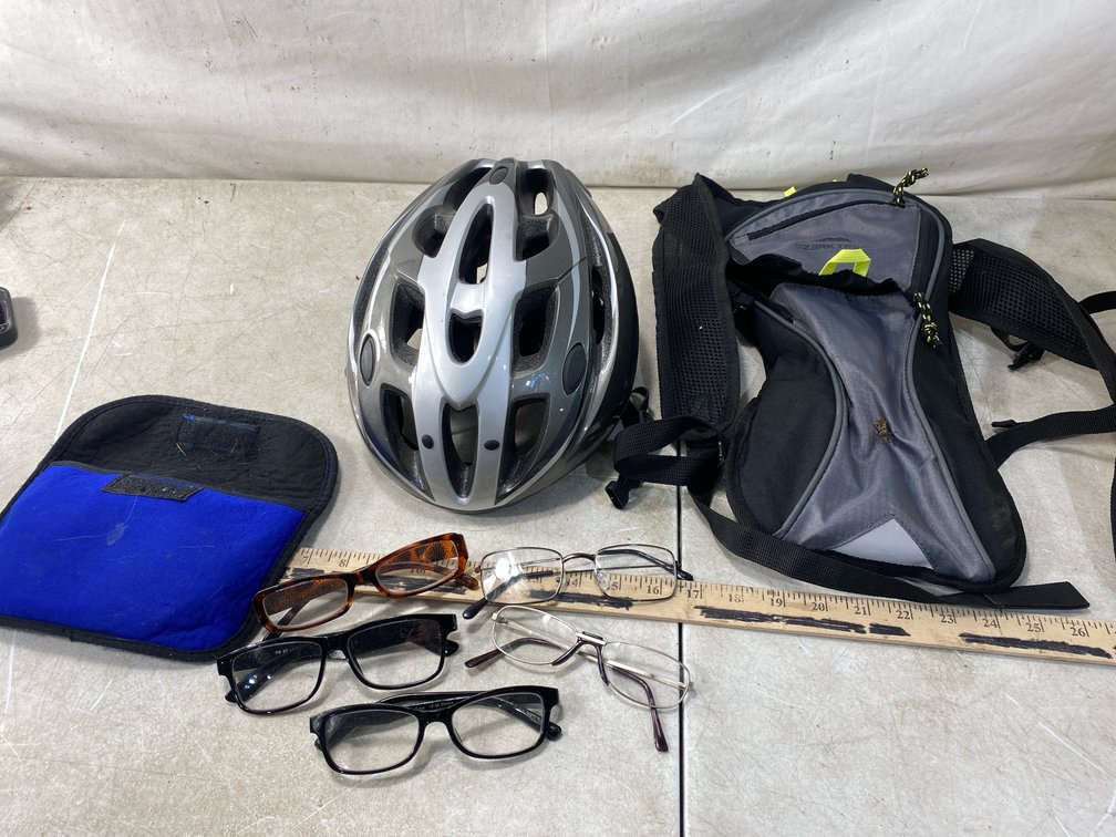 Bicycle Helmet, Backpack, Eyeglasses, and Pouch