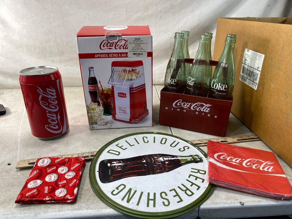 Coca-Cola Popcorn Maker, Bottle Carrier, Tin Sign, and More