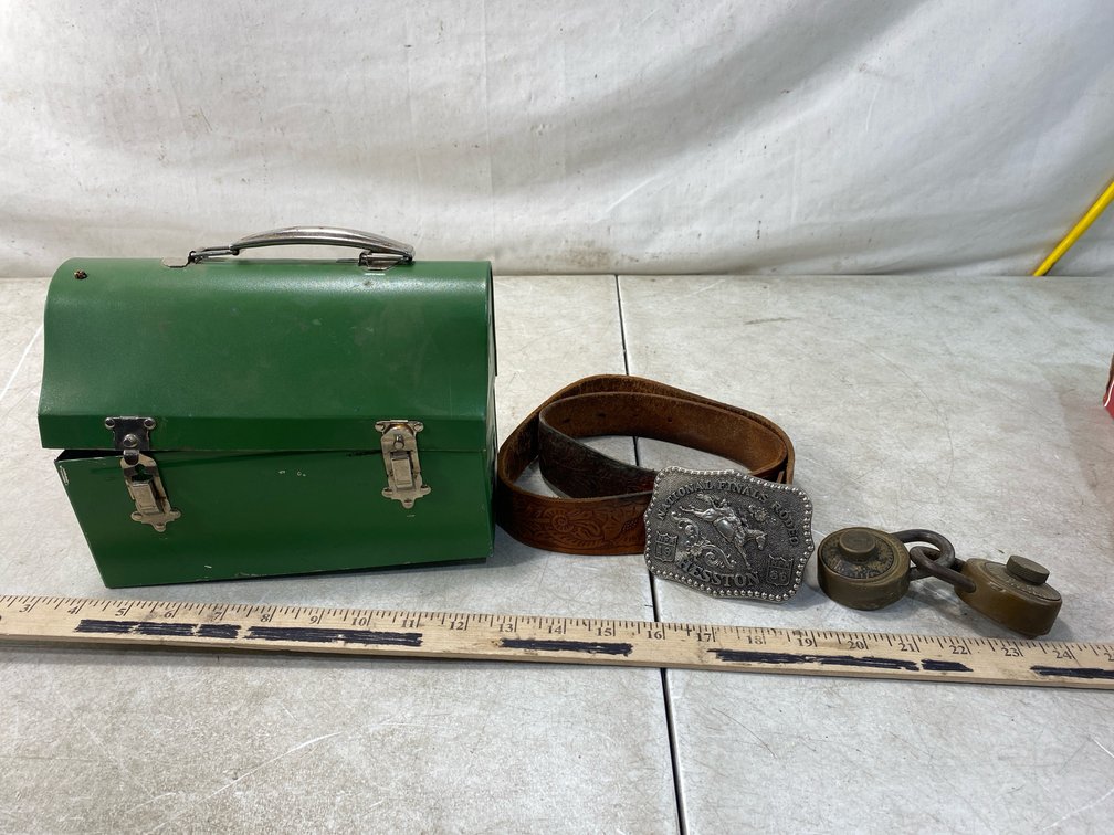 Metal Lunchbox with Thermos, Belt with Buckle, and Padlocks