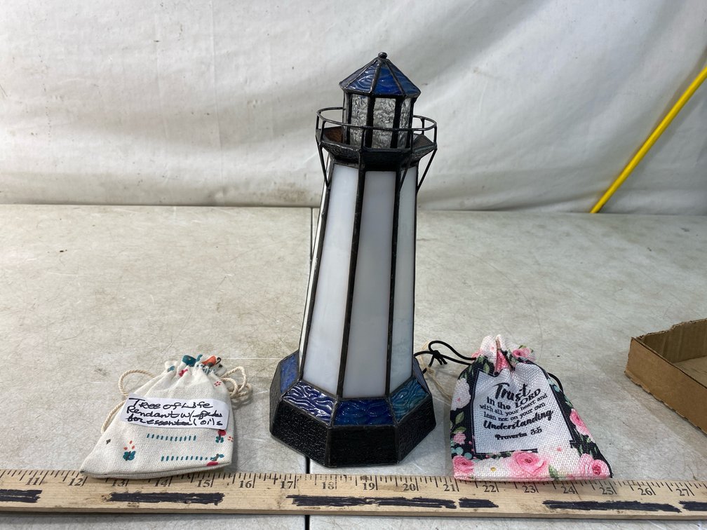 Stained Glass Lighthouse Sculpture and Diffuser Necklace