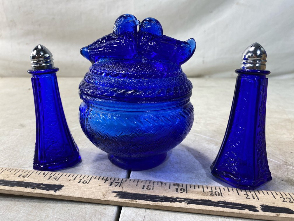 Cobalt Blue Pressed Glass Bird Covered Dish and Shaker Set