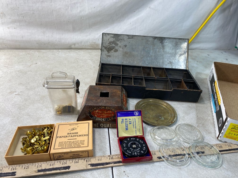Wooden Advertising Block, Pitch Pipe, Glass Jar Lids, and More
